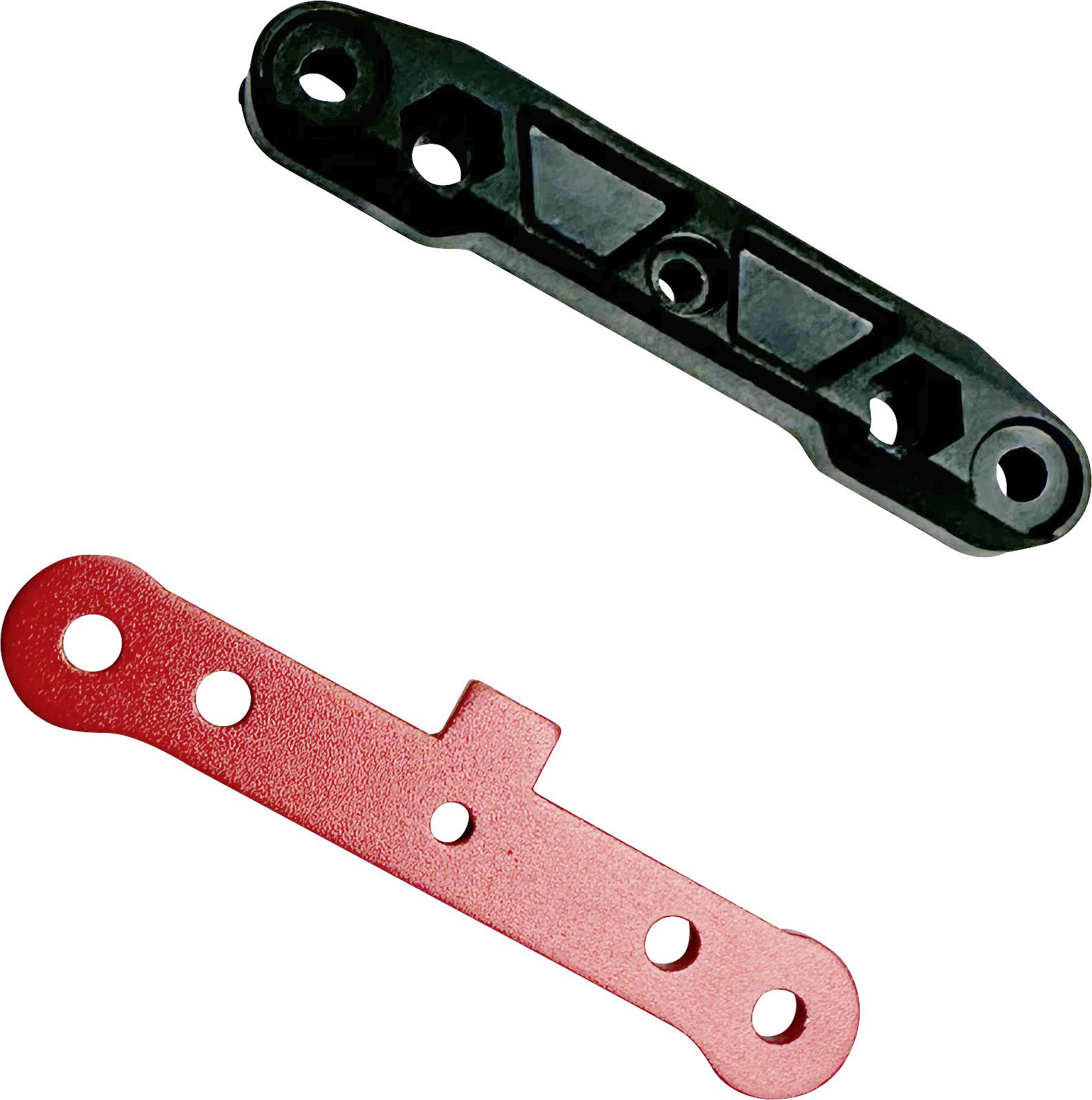Bild von zwei Metallkomponenten mit Löchern; eine ist schwarz, in Form eines Halters, und die andere ist rot, lang und flach.