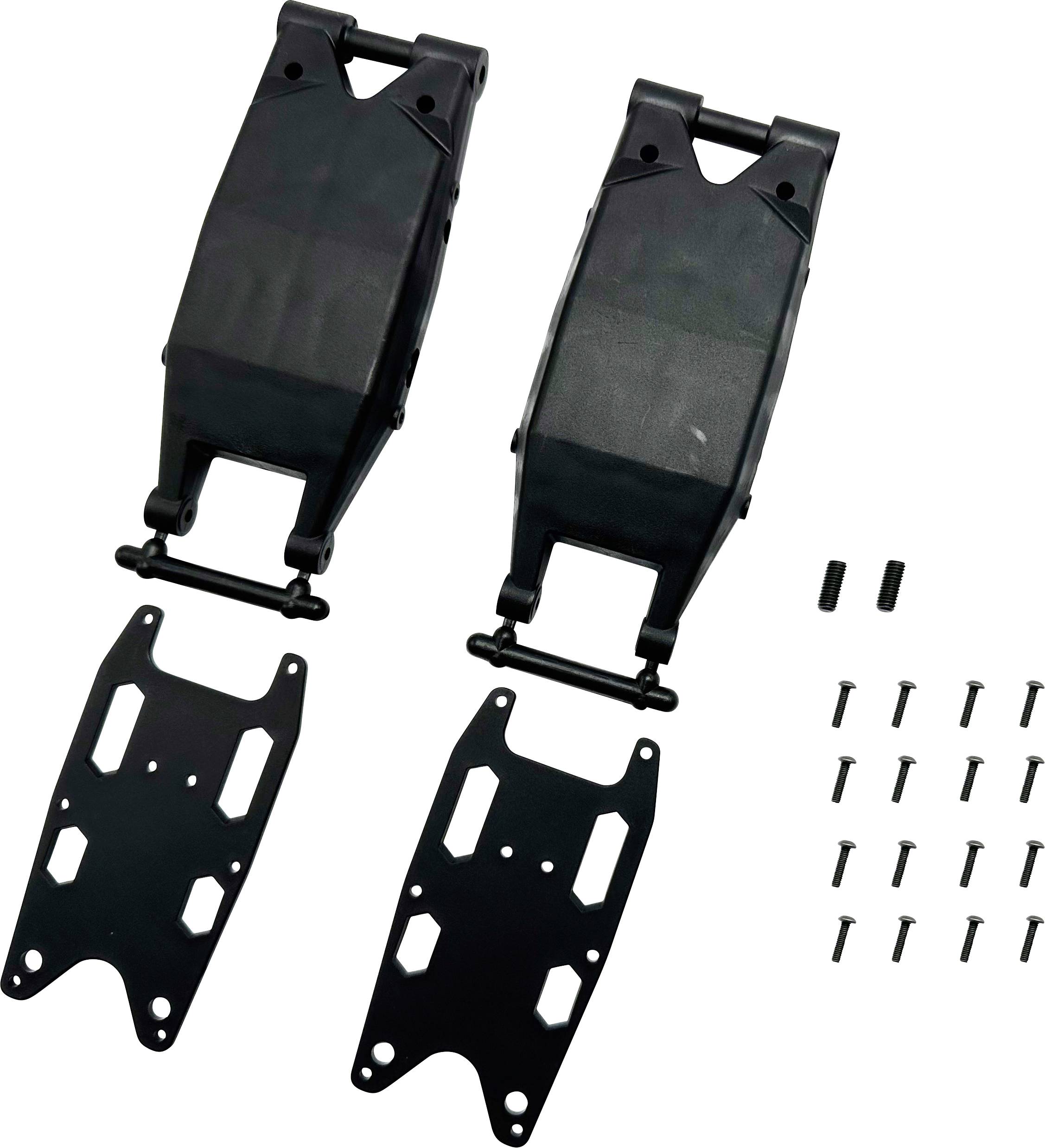 Zwei schwarze Metallspannerset-Kits mit Platten und Schrauben zum Montieren, verwendet in Garagentoröffnern oder ähnlichen Mechanismen.