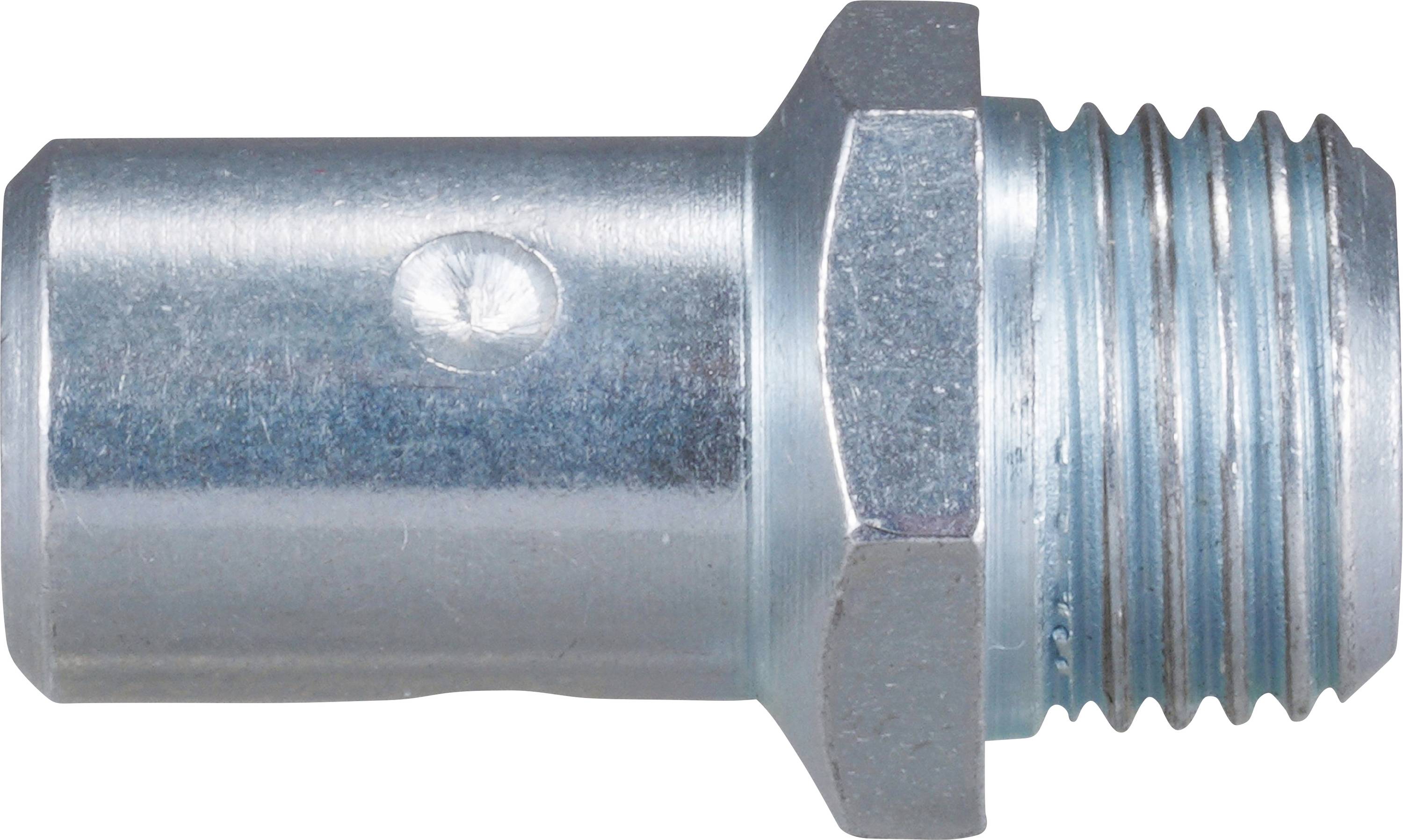 Ein silberfarbener Metalladapter mit Außengewinde auf der rechten Seite und glatter Oberfläche auf der linken Seite.