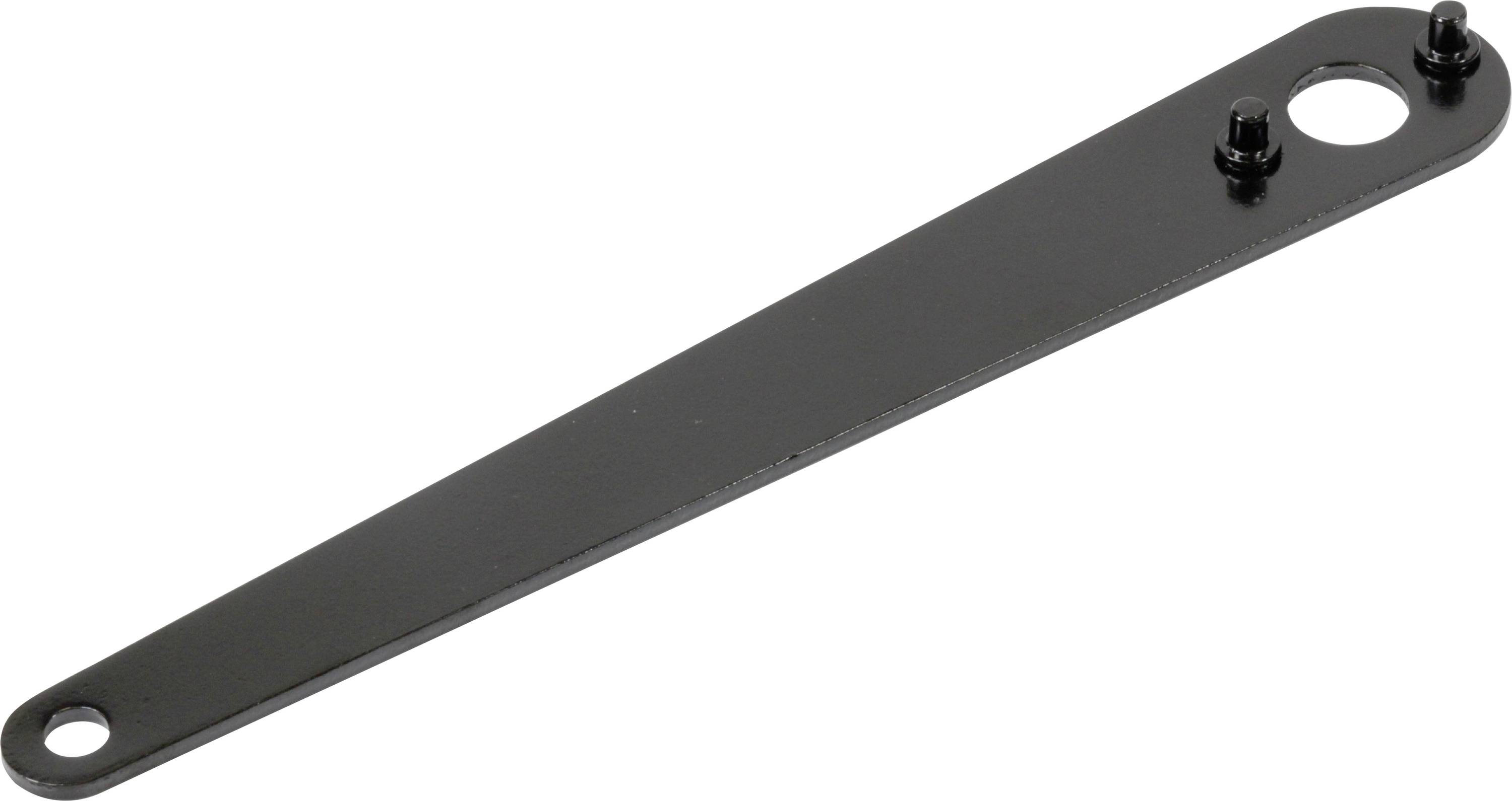 Schwarzer Metallarm mit zwei Bolzen an einem Ende und einem Loch am anderen, möglicherweise Teil eines Werkzeugs oder einer Maschine.