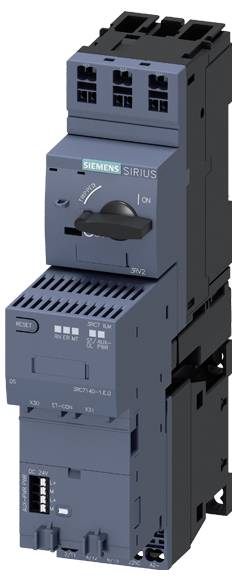 Ein grauer, elektronischer Schalter von Siemens der Modellreihe SIRIUS für industrielle Anwendungen mit Drehregler für Ein/Aus-Funktion.