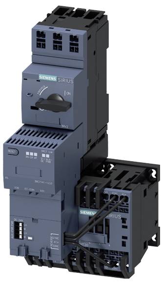 'Siemens SIRIUS'-Schütz für elektrische Systeme, zeigt Schalter und Verkabelung.