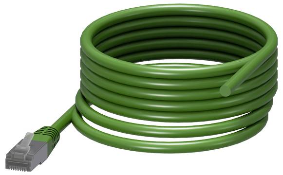 Grünes Ethernet-Kabel aufgerollt, mit RJ-45-Stecker. Für Netzwerkverbindungen verwendet.