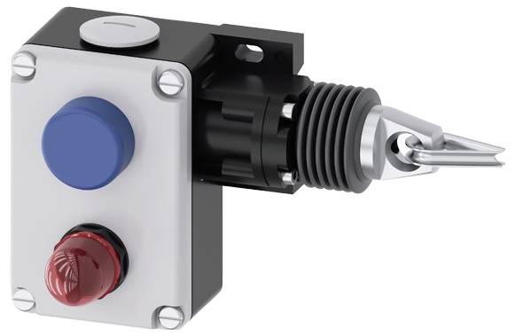 Maschinenschutzeinrichtung mit zwei Druckknöpfen: blau für Start und rot für Stopp, montiert auf einer Metallhalterung.