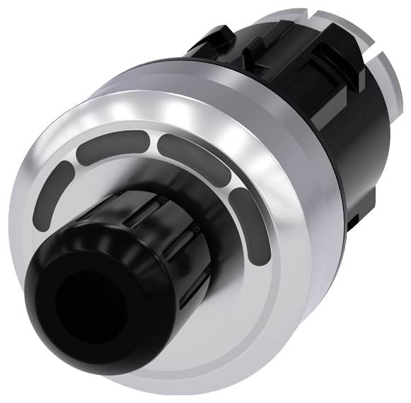Schwarzer und silberner mechanischer Drehknopf mit geriffelter Oberfläche und Sichtfenstern, vermutlich für technische Geräte.