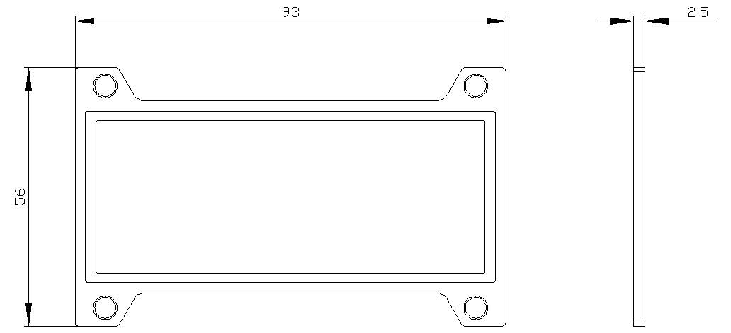 Technische Zeichnung eines rechteckigen Bauteils mit den Maßen 93 x 56 x 2,5 mm und vier Bohrlöchern in den Ecken.