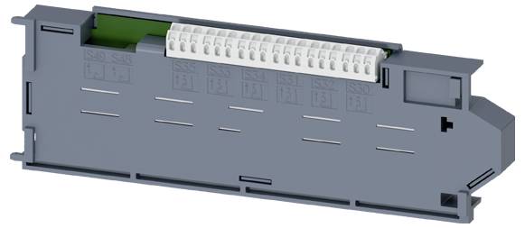 Graue elektronische Komponente, rechteckig mit weißen Steckklemmen oben, genutzt für elektrische Verbindungen in industriellen Systemen.