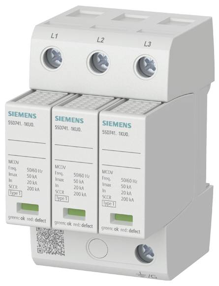 Überspannungsschutzgerät mit drei Modulen für Phasen L1, L2 und L3. Jedes Modul zeigt technische Spezifikationen und Statusanzeigen.