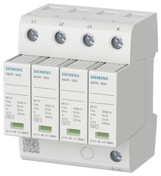 Überspannungsschutzgerät mit vier Schutzmodulen für Phasen L1, L2, L3 und Neutralleiter. Bietet Schutz bis 200 kA.