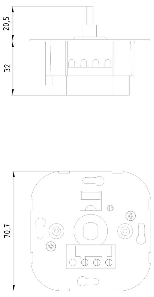Technische Zeichnung einer quadratischen elektrischen Buchse mit den Maßen 32 x 20,5 mm Seitenansicht und 70,7 mm Draufsicht.