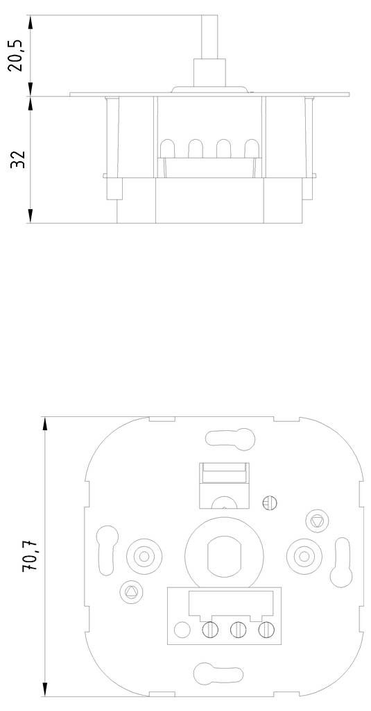 Technische Zeichnung eines Elektroinstallationsbauteils mit zwei Ansichten: Seitenansicht mit Höhenangaben und Draufsicht mit Befestigungselementen.