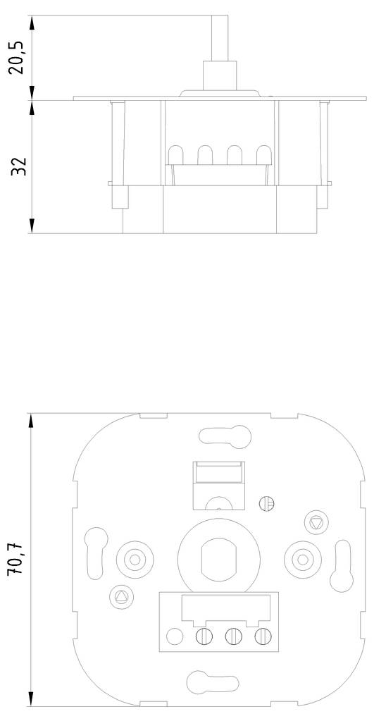 Technische Zeichnung einer elektrischen Vorrichtung mit zwei Ansichten: Seitenansicht zeigt Höhe 20,5 mm und 32 mm, Vorderansicht Höhe 70,7 mm.