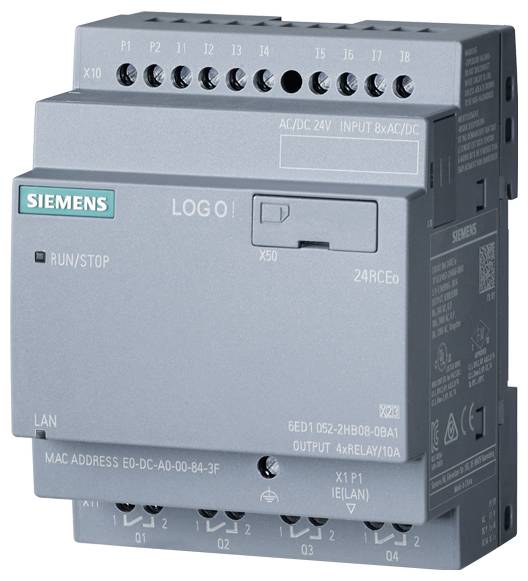 Eine Siemens LOGO! Steuerungseinheit mit mehreren Anschlüssen und einem Ethernet-Port, geeignet für Automatisierungsaufgaben.