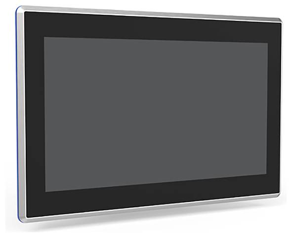 Flacher Bildschirm mit silbernem Rand, schwarzem Rahmen und ausgeschaltetem Display, an einer weißen Wand befestigt.