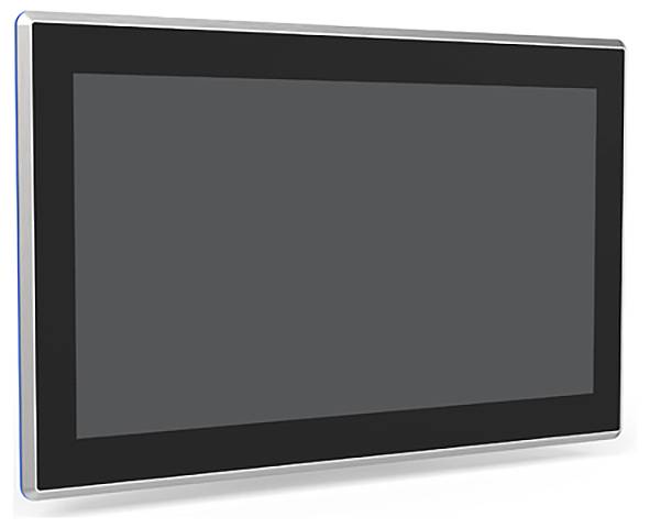 Ein schwarzer Bildschirm in einer rechteckigen Lünette, vermutlich ein Monitor oder Displaygerät, auf einem hellen Hintergrund.