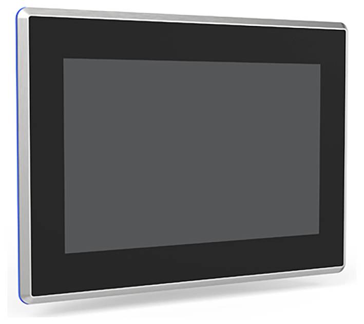 Flaches, rechteckiges Touchscreen-Display in schwarzem Rahmen mit silbernem Rand, bei dem der Bildschirm ausgeschaltet ist.