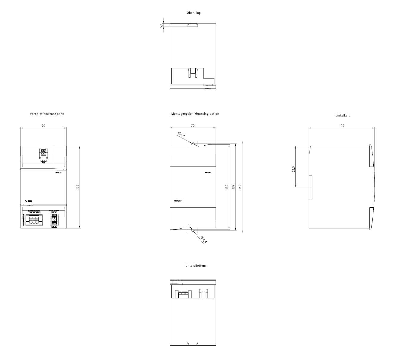 Technische Zeichnungen eines Geräts aus verschiedenen Perspektiven: Vorderansicht, offene Vorderansicht, Rechts-, Links- und Unterseiteansicht, mit markierten Abmessungen.