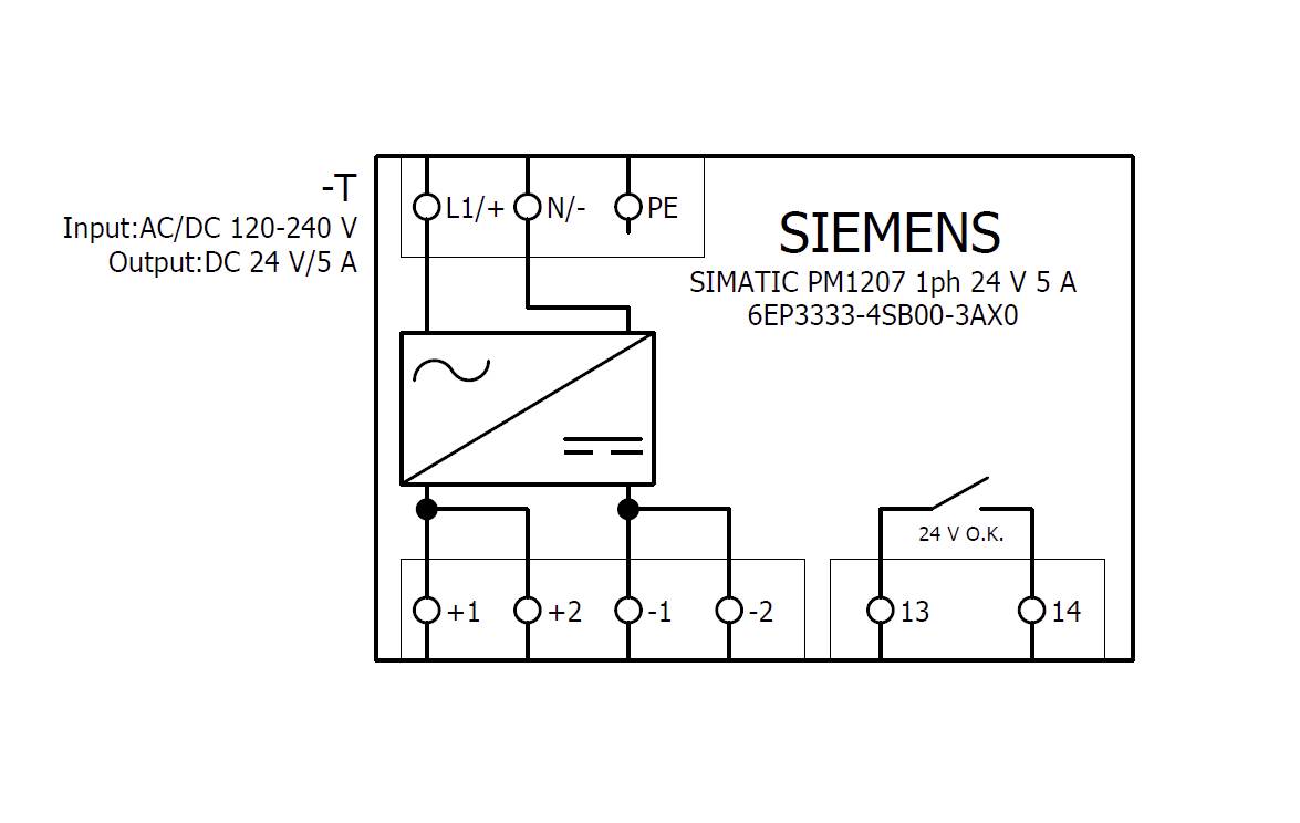 Elektrische Schemazeichnung für Siemens SIMATIC PM1207 Netzteil, mit Wechselstromeingabe (120-240V) und Gleichstromausgang (24V, 5A). Inklusive Klemmenbeschriftungen.