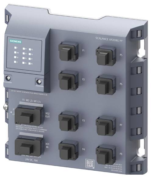 Industrieswitch mit mehreren Ethernet-Anschlüssen, Markenlogo oben links, geeignet für 24V DC, 16A Anwendungen.