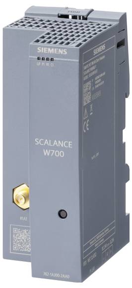 Industriegerät der Marke Siemens, Modell Scalance W700, zur Netzwerkintegration, mit sichtbaren Anschlüssen und technischen Details.