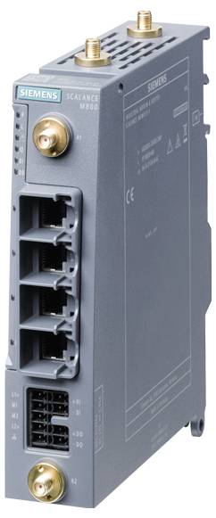 Industrieller Netzwerk-Switch von Siemens mit mehreren Ethernet-Ports und Antennenanschlüssen, Modell Scalence M800.