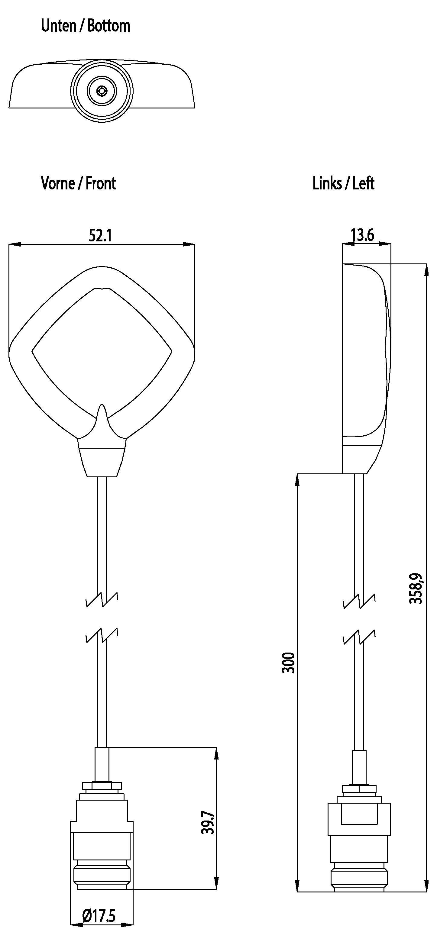 Technische Zeichnung eines elektronischen Bauteils mit Kabel. Maße: Höhe 397 mm, Breite 52,1 mm, Tiefe 13,6 mm. Ansicht von unten, vorne und links.