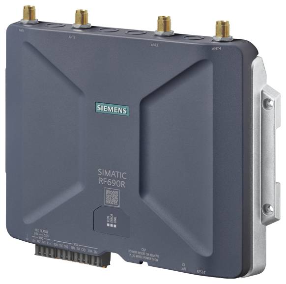 Ein schwarzer SIMATIC RF690R-Lesegerät von Siemens mit vier Antennenanschlüssen auf der Oberseite, zur industriellen RFID-Nutzung.