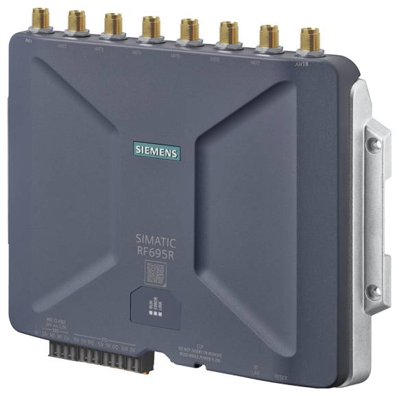 Industrie-RFID-Gerät mit der Aufschrift 'SIEMENS SIMATIC RF695R', zeigt acht Antennenanschlüsse auf der Oberseite.