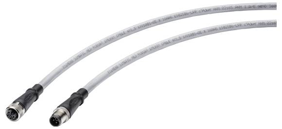 Zwei graue Kabel mit Steckverbindern, die für industrielle Anwendungen geeignet sind. Sie besitzen robuste Metall- und Kunststoffenden.
