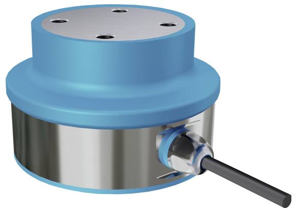 Ein runder, blauer und metallischer Sensor mit Kabelanschluss, verwendet zur Druckmessung.