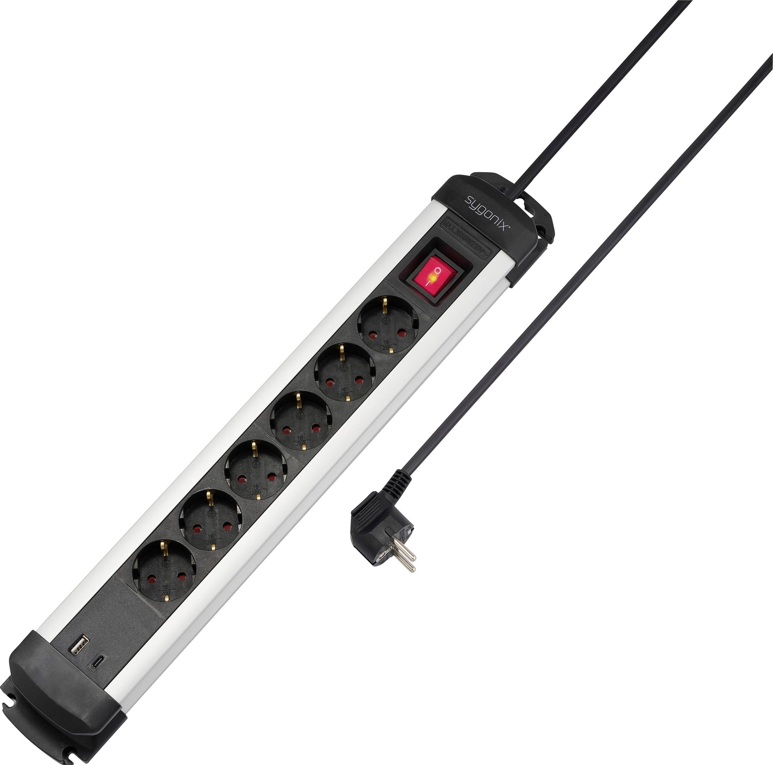 Sygonix SY-6807130 Steckdosenleiste mit Schalter 6fach Schwarz, Silber Schutzkontakt 1 St.