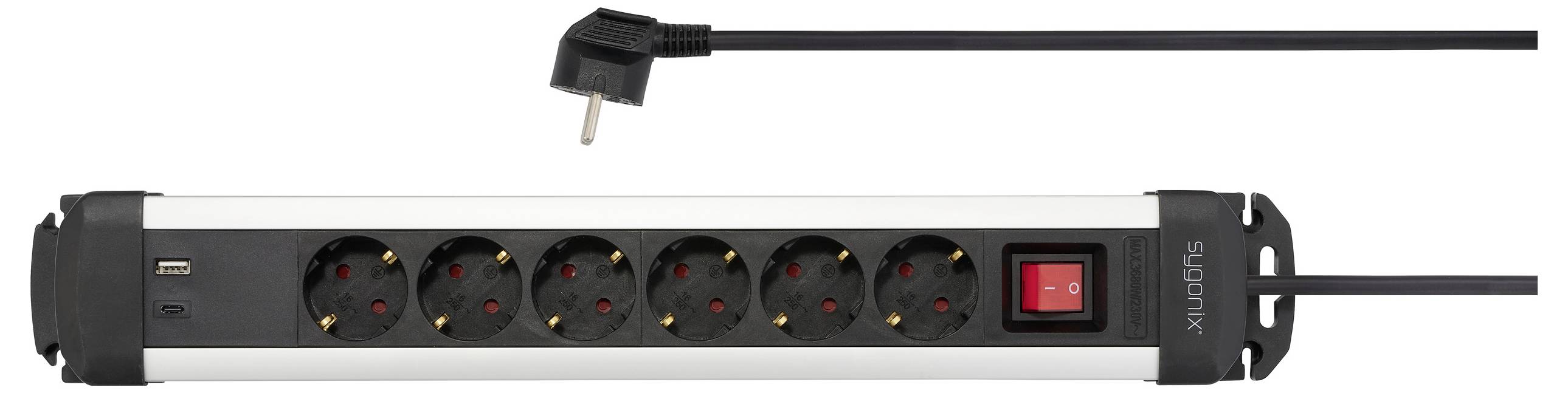 Sygonix SY-6807130 Steckdosenleiste mit Schalter 6fach Schwarz, Silber Schutzkontakt 1St.
