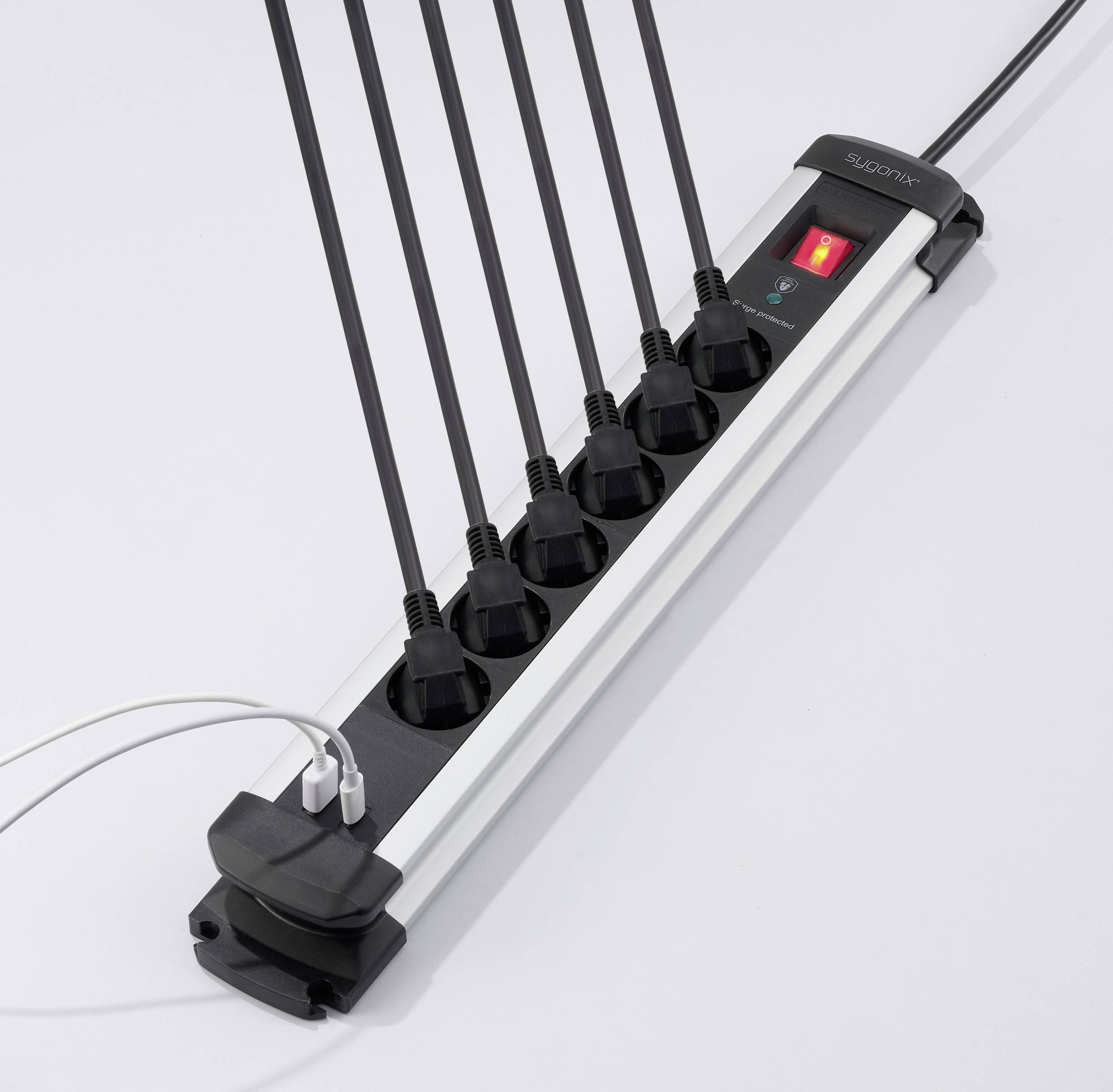 Sygonix SY-6807132 Überspannungsschutz-Steckdosenleiste 6fach Schwarz, Silver Schutzkontakt 1St.