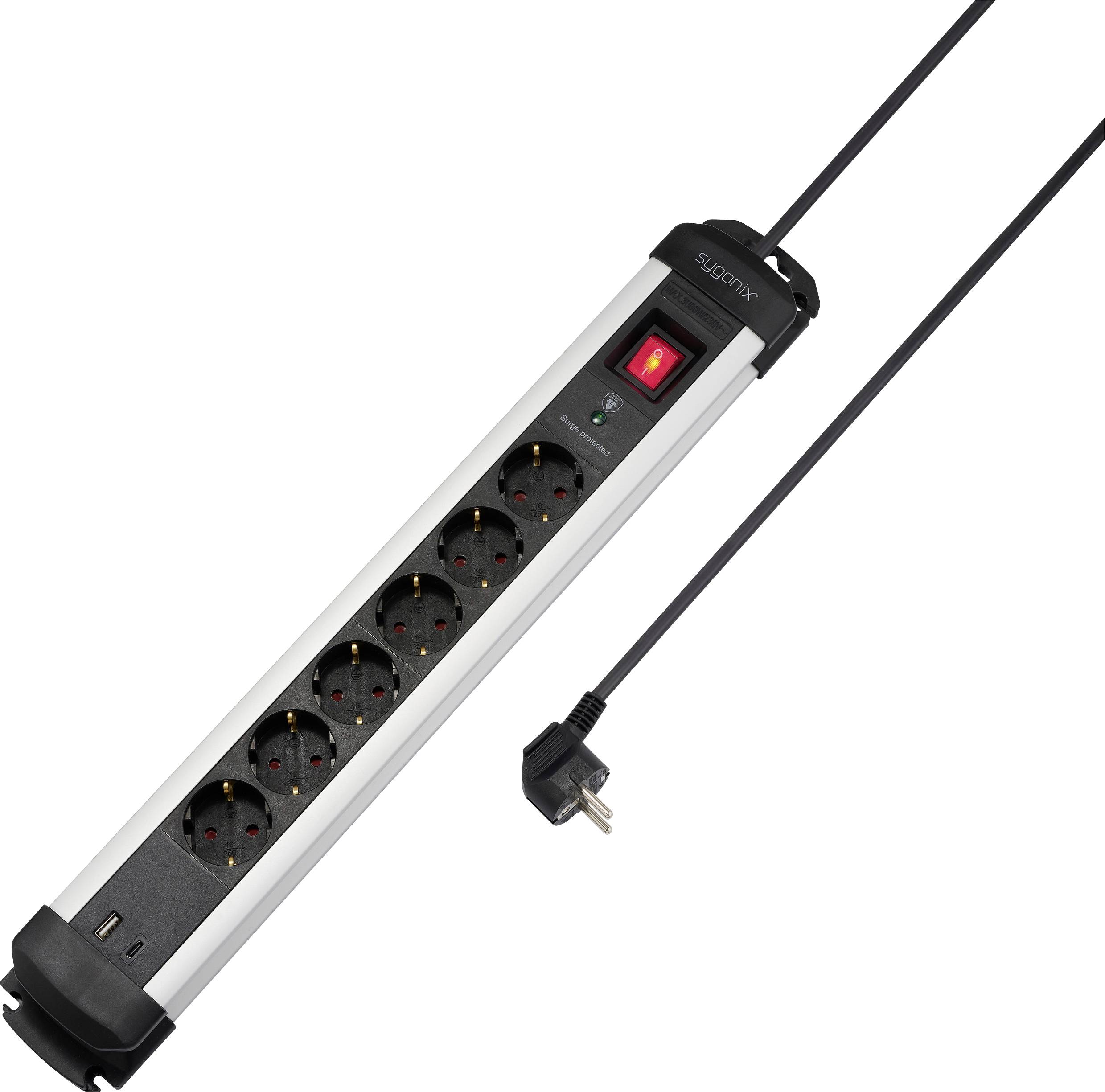 Sygonix SY-6807132 Überspannungsschutz-Steckdosenleiste 6fach Schwarz, Silver Schutzkontakt 1St.