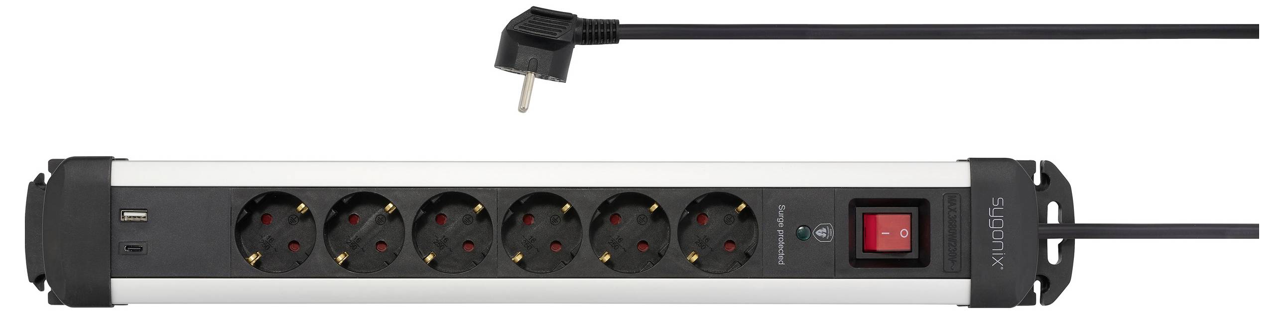 Sygonix SY-6807132 Überspannungsschutz-Steckdosenleiste 6fach Schwarz, Silver Schutzkontakt 1St.