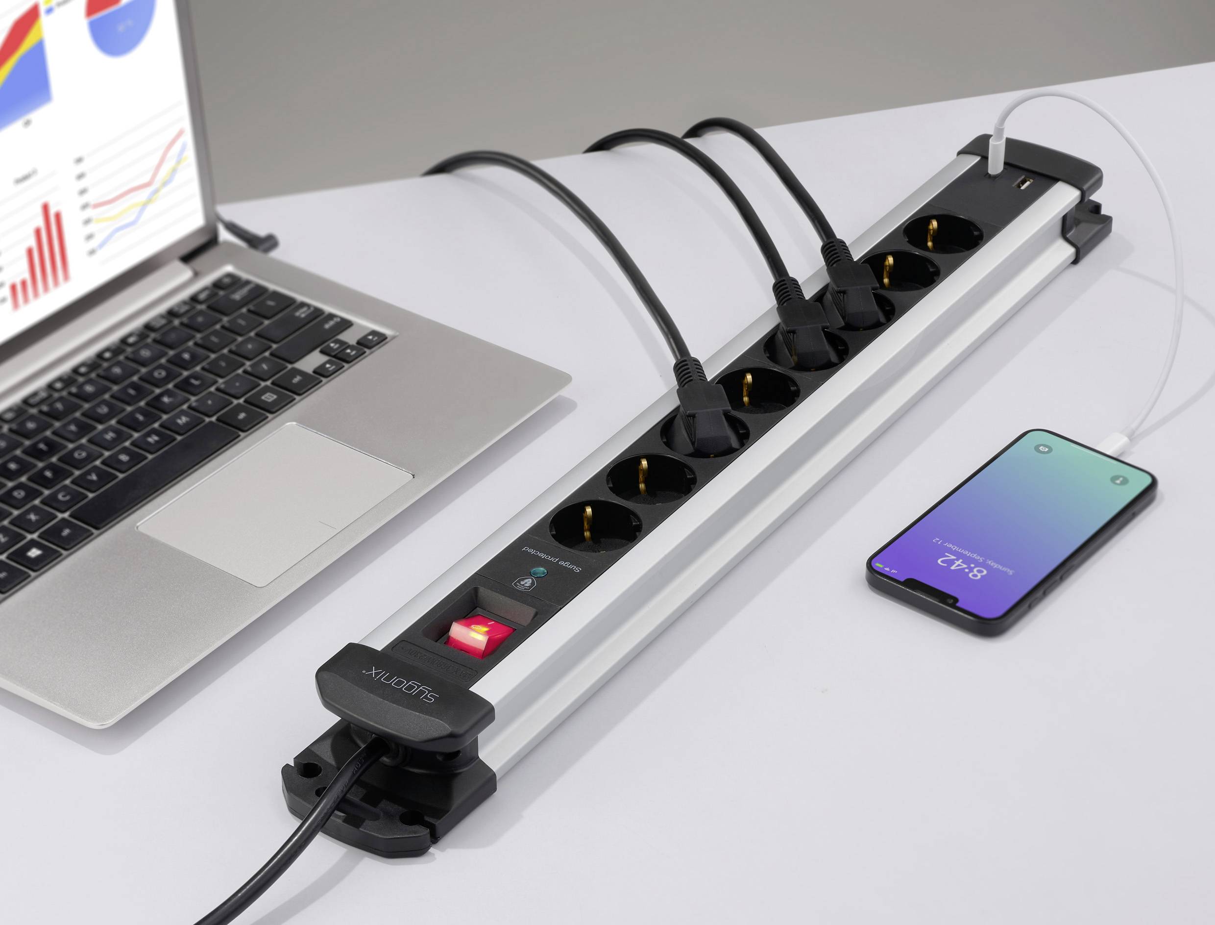 Sygonix SY-6807134 Überspannungsschutz-Steckdosenleiste 8fach Schwarz, Silber Schutzkontakt 1St.