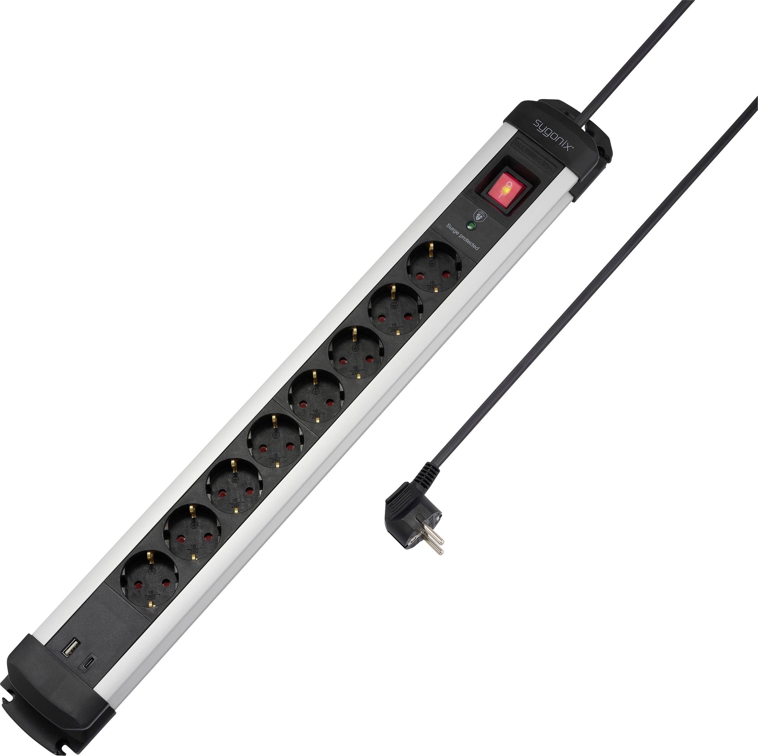 Sygonix SY-6807134 Überspannungsschutz-Steckdosenleiste 8fach Schwarz, Silber Schutzkontakt 1St.