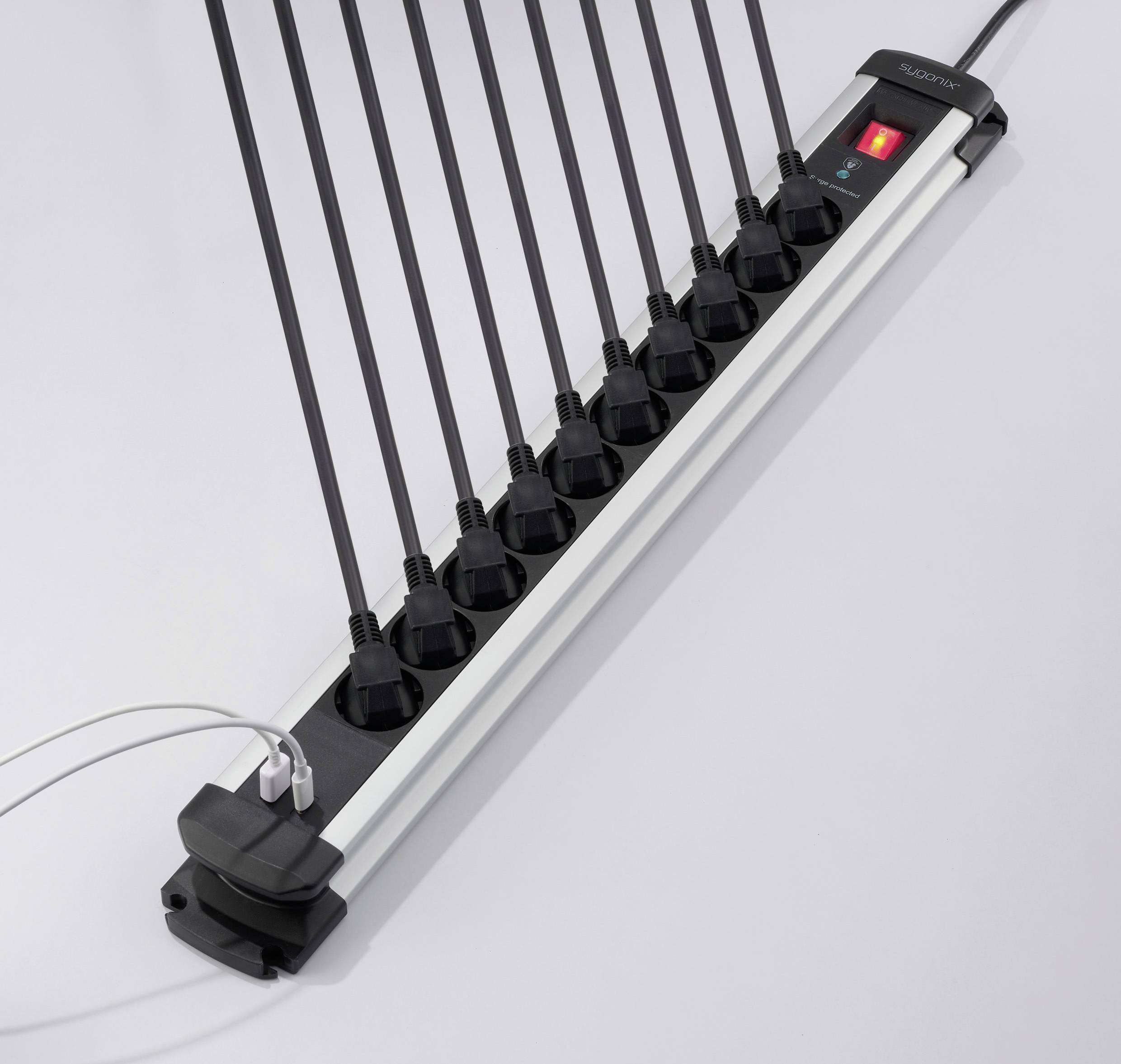 Sygonix SY-6807136 Überspannungsschutz-Steckdosenleiste 10fach Schwarz, Silver Schutzkontakt 1St.