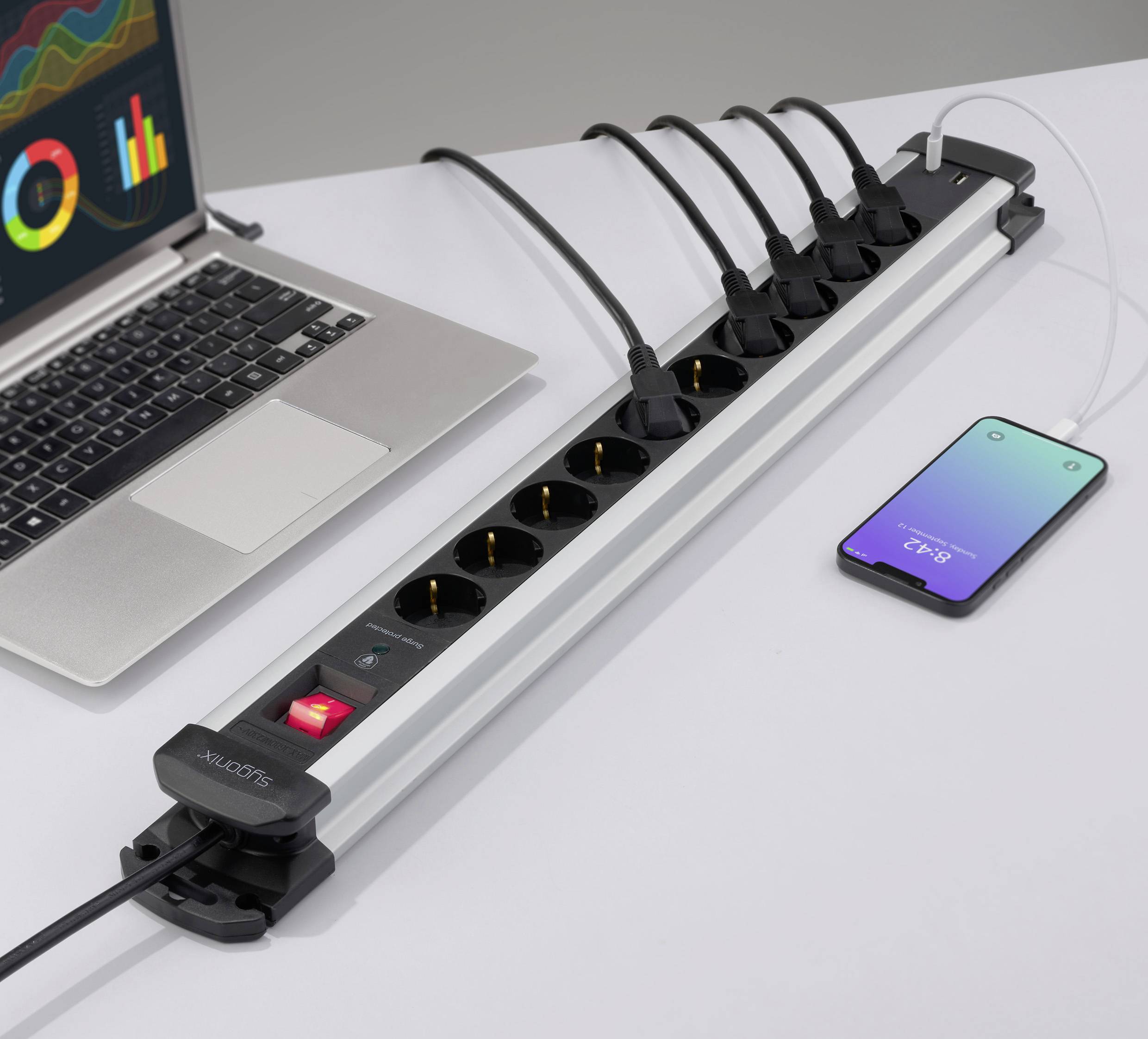 Sygonix SY-6807136 Überspannungsschutz-Steckdosenleiste 10fach Schwarz, Silver Schutzkontakt 1St.