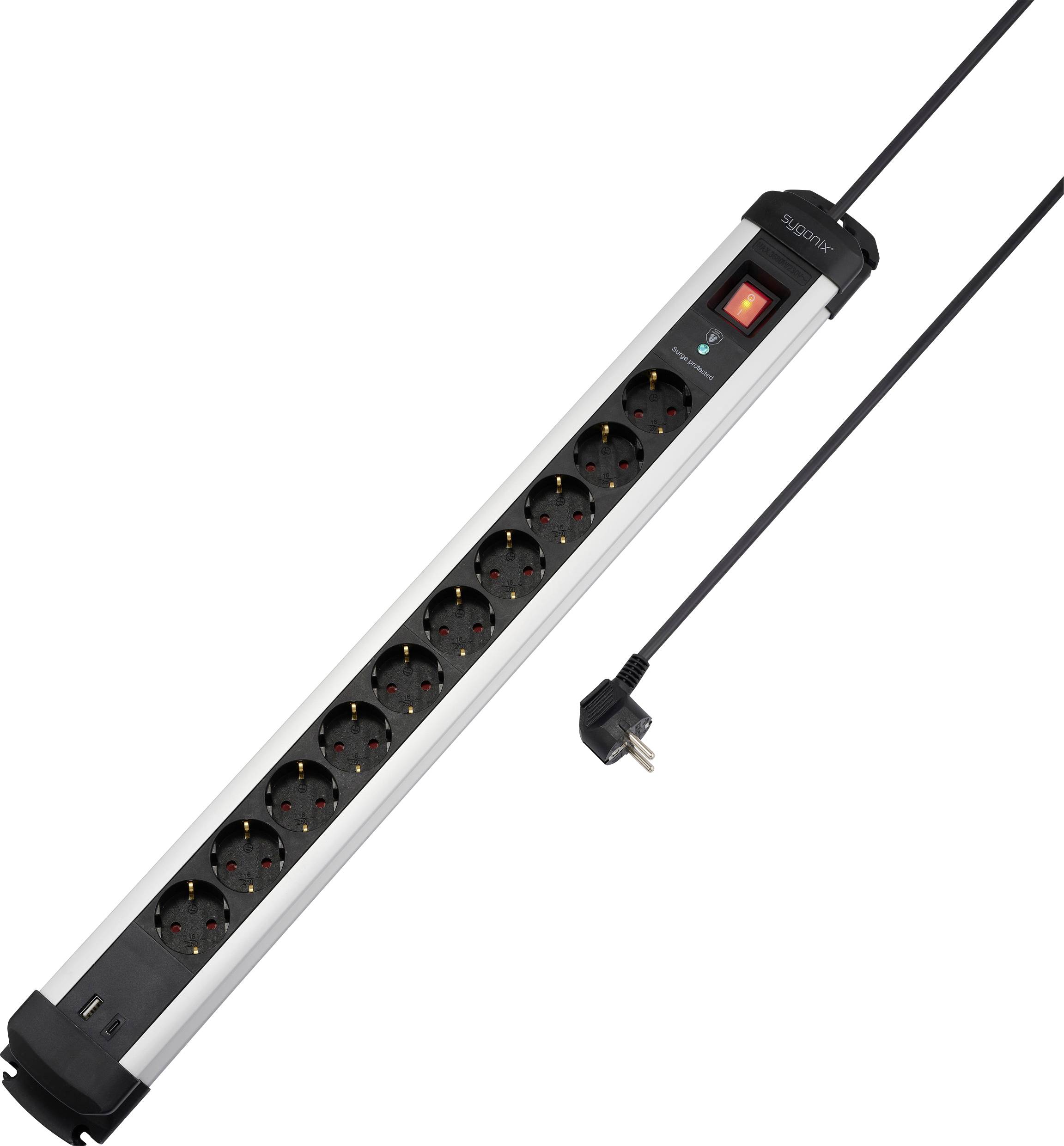 Sygonix SY-6807136 Überspannungsschutz-Steckdosenleiste 10fach Schwarz, Silver Schutzkontakt 1 St.