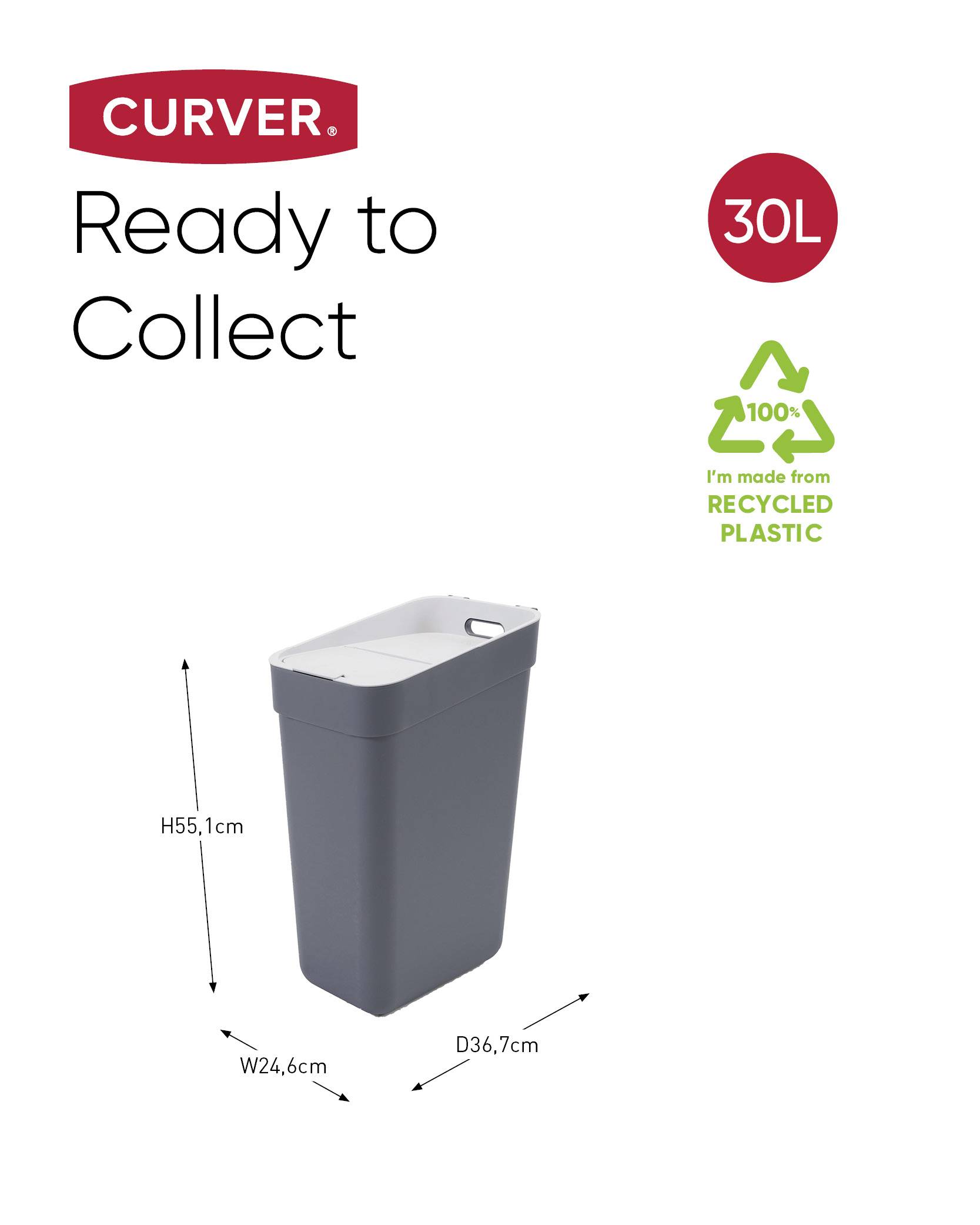 'Curver' 30L Abfallbehälter aus Recyclingplastik, Maße: H55,1cm x B24,6cm x T36,7cm. Slogan: 'Ready to Collect'.
