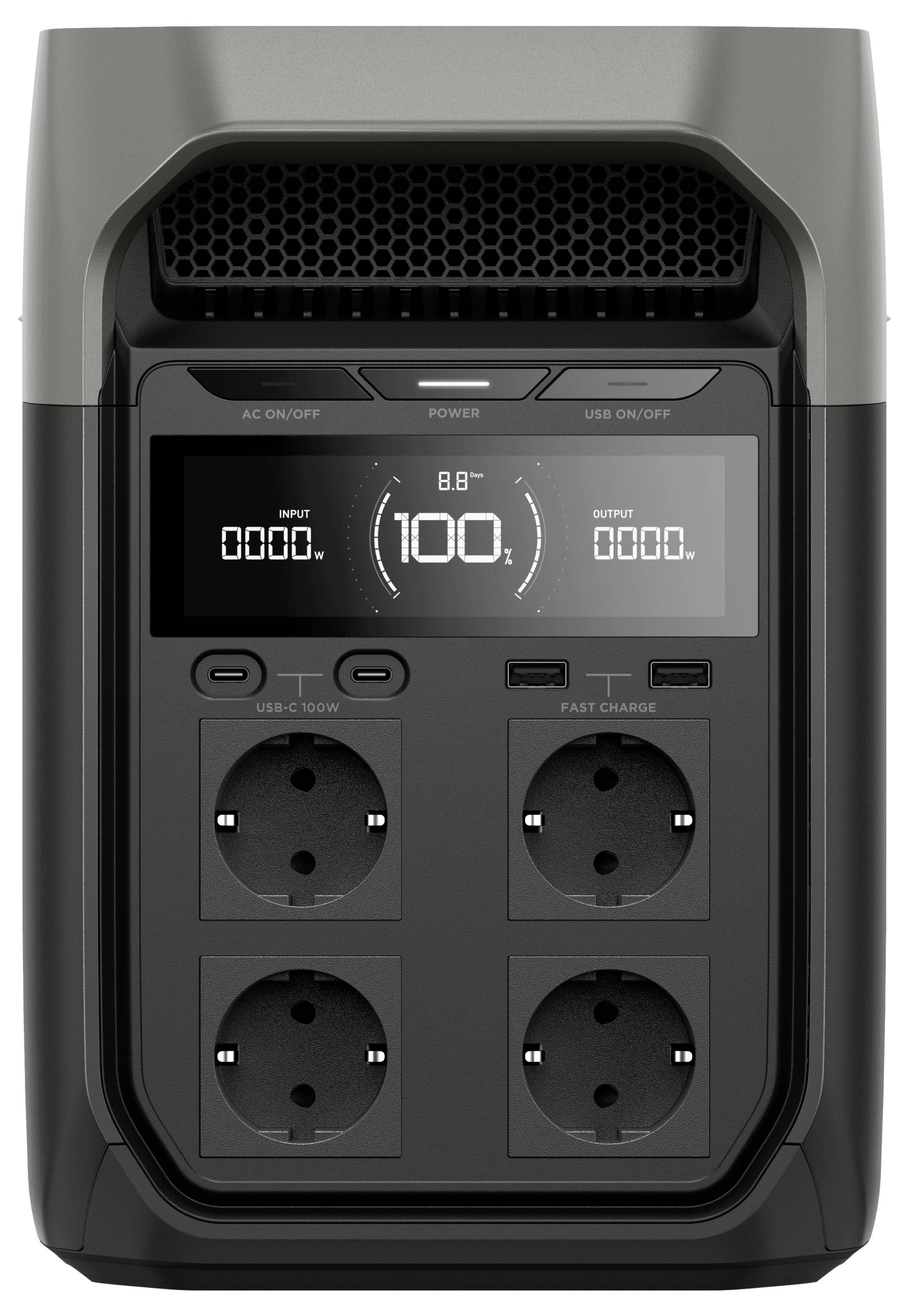 Eine tragbare Powerstation mit vier Steckdosen und digitalen Anzeigen für Eingangs- und Ausgangsleistung sowie Restkapazität in Prozent.