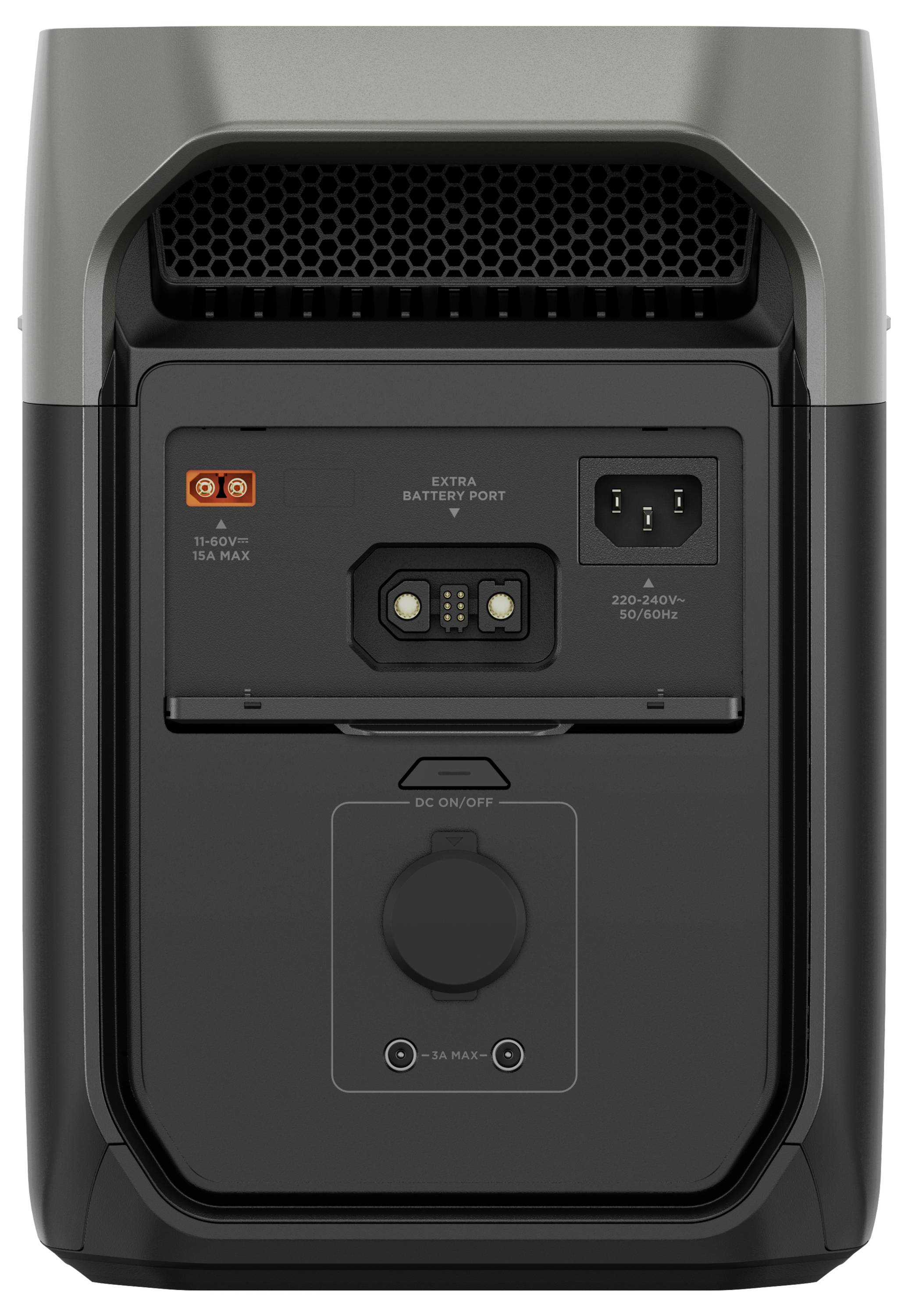 Eine tragbare Energiequelle mit Anschlüssen für Erweiterungsbatterie, Wechselspannung und einen Hauptschalter, auf der Rückseite abgebildet.