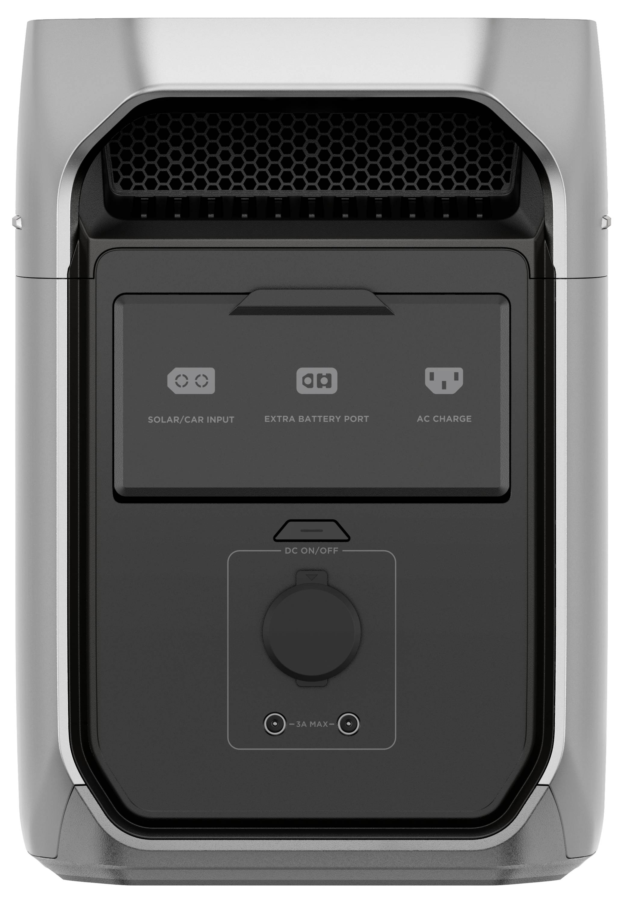 Stromgenerator mit Anschlüssen für Solar- und Autoladung sowie Wechselstrom. Umschaltknopf und DC-Ausgang unten.