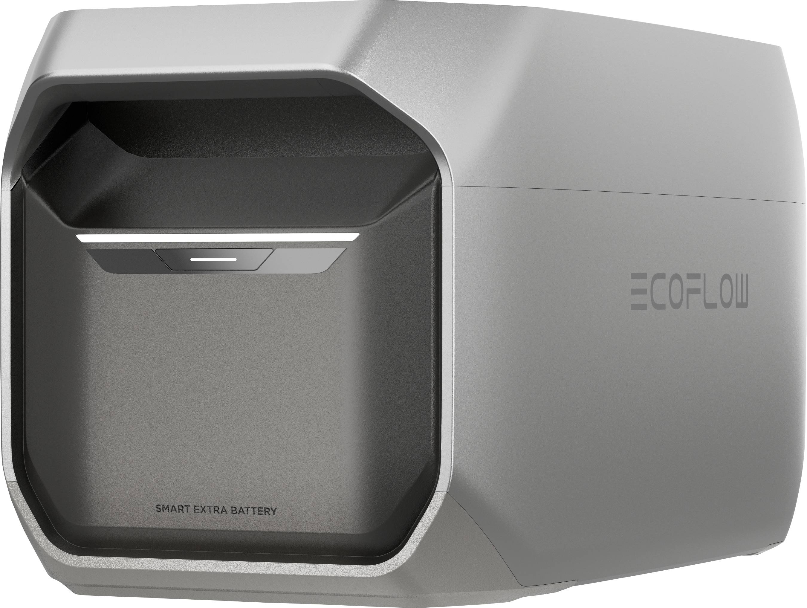 Ein silbernes, eckiges Gerät mit der Aufschrift 'ECOFLOW' und 'SMART EXTRA BATTERY', vermutlich eine zusätzliche Batterieeinheit.