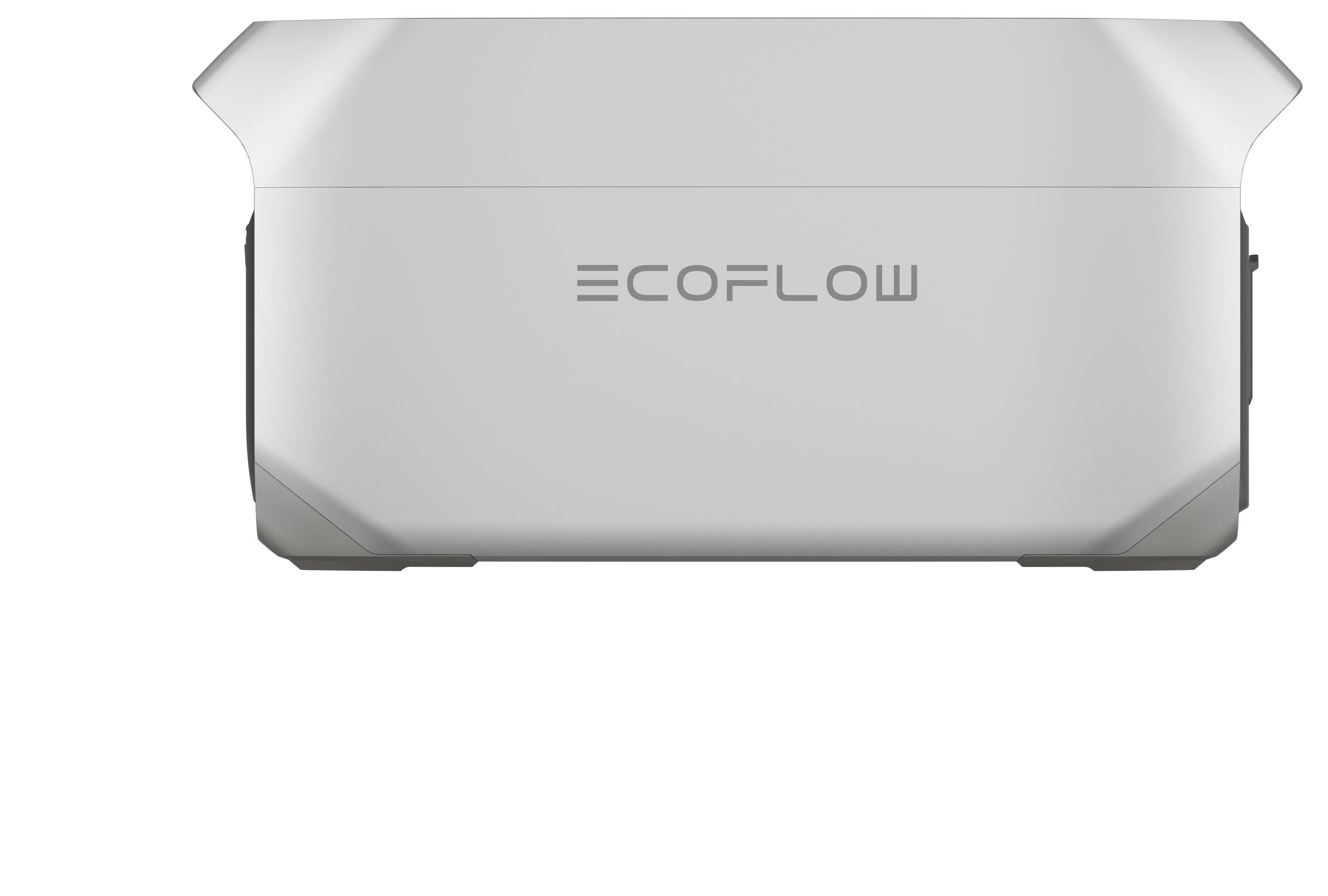 Tragbare, silberne Powerstation mit der Aufschrift 'EcoFlow' auf der Vorderseite. Quadratische Form mit abgerundeten Ecken.
