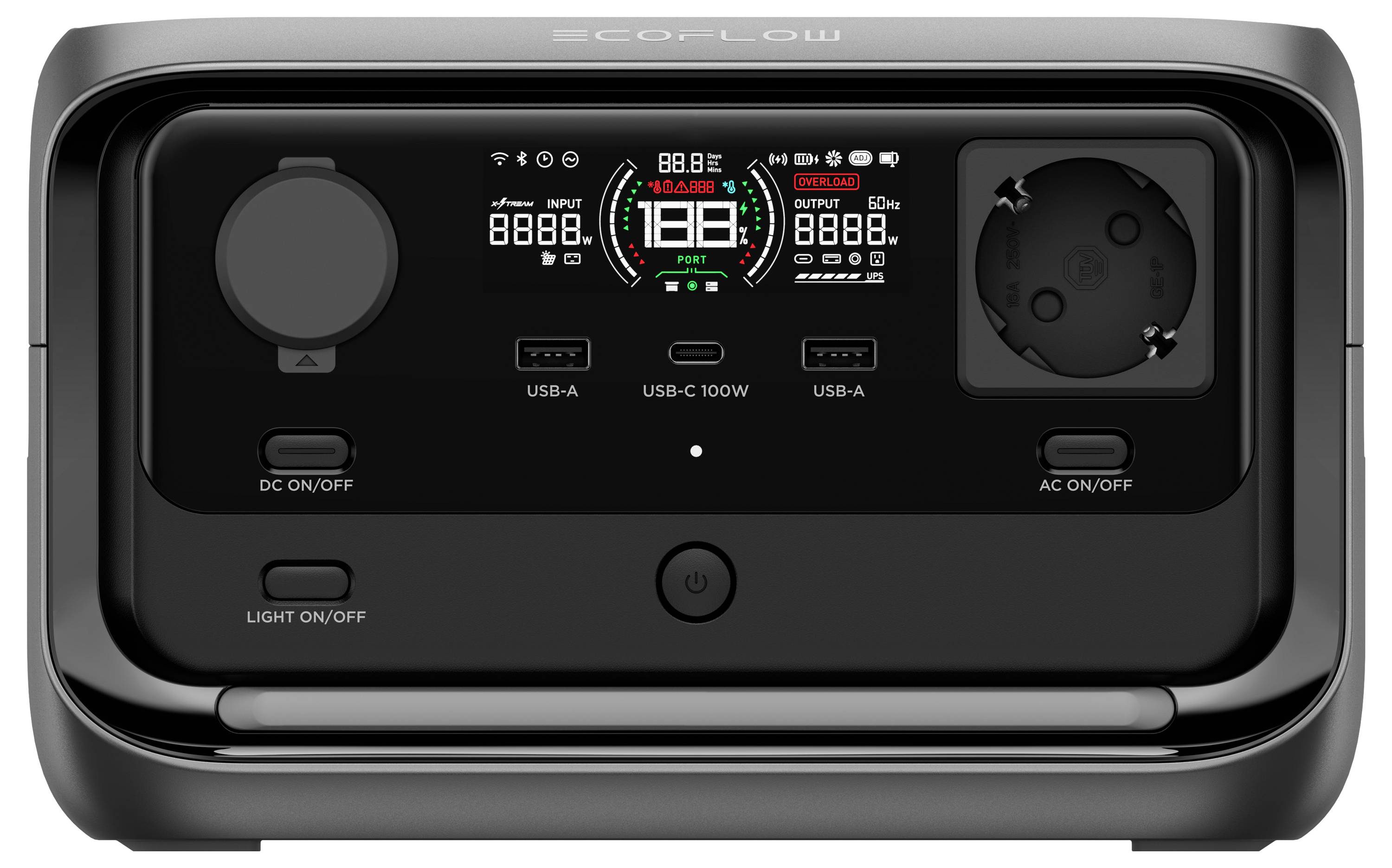 Frontansicht einer tragbaren Powerstation mit verschiedenen Anschlüssen und einem Display, das den Ladezustand und Leistungsdaten anzeigt.