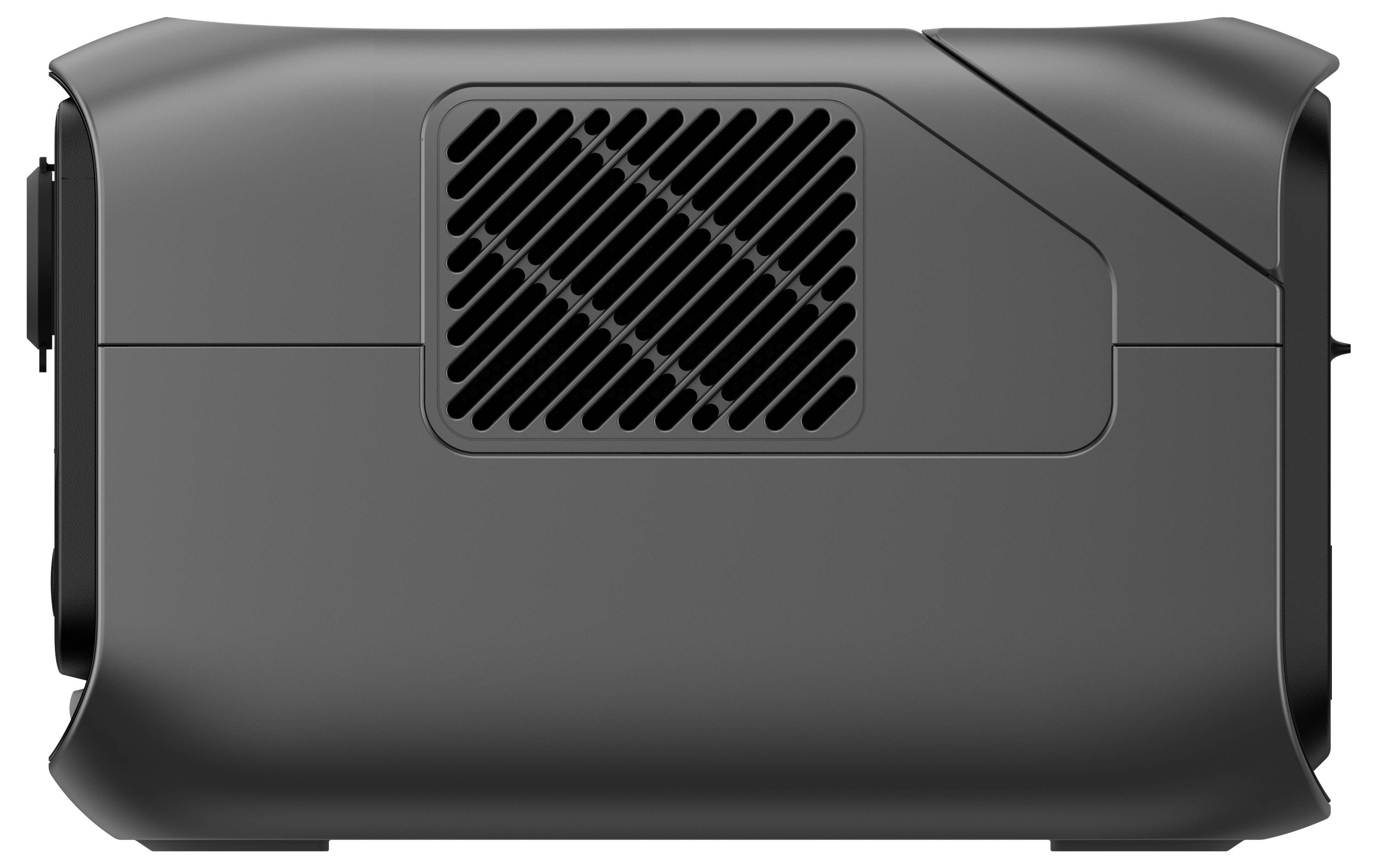 Ein schwarzer, kompakter Projektor in Seitenansicht, mit sichtbarem Lüftungsgitter und glatter Oberfläche.