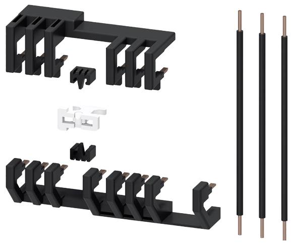 3D-Darstellung von schwarzen und weißen Kunststoffklammern und Kupferverbindern, die in verschiedenen Positionen angeordnet sind.