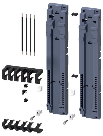 Montagematerial für elektrische Installationen mit Steckverbinder, Schrauben und Halterungen in verschiedenen Anordnungen.